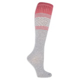 Gray knee-high compression sock with pink stripes on a white background
