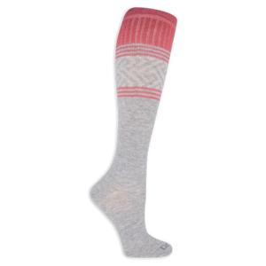 Gray knee-high compression sock with pink stripes on a white background