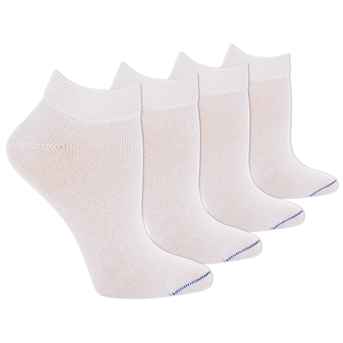Set of white ankle socks with blue trim on a white background
