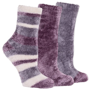Three pairs of purple and striped socks on a white background