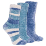 Three pairs of blue and white striped socks on a white background