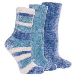 Three pairs of blue and white striped socks on a white background