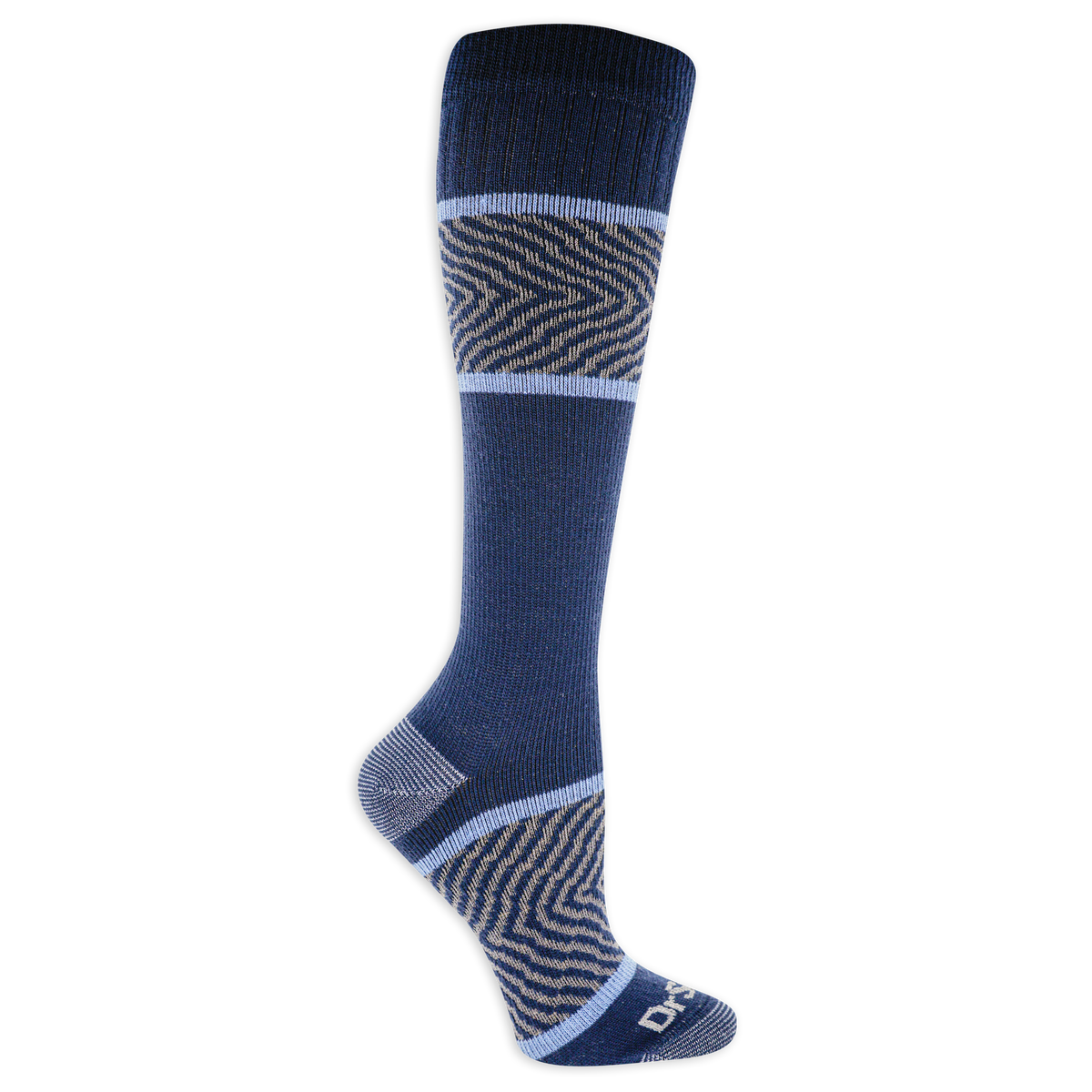 Blue knee-high compression sock with patterned design on a white background