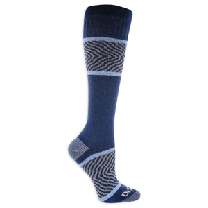 Blue knee-high compression sock with patterned design on a white background