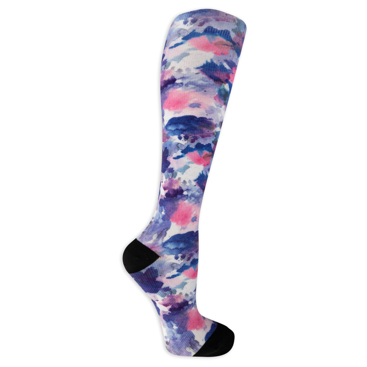 Dr. Scholl's women's compression socks featuring a black and white tie dye pattern and black accents at the heel and toe.