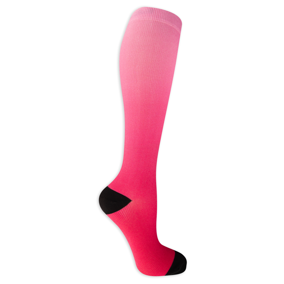 Dr. Scholl's women's compression socks featuring a light to hot pink dip dye color and black accents at the heel and toe.
