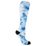 Dr. Scholl's women's compression socks featuring a blue and white tie dye pattern and black accents at the heel and toe.