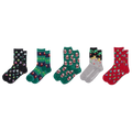 Set of five pairs of patterned socks on a white background