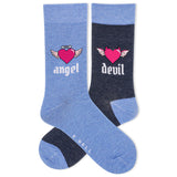 A pair of blue crew socks with one featuring an angel design and the other with a devil design, both with hearts and wings.