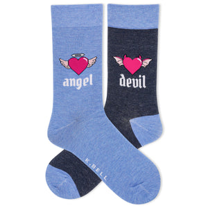 A pair of blue crew socks with one featuring an angel design and the other with a devil design, both with hearts and wings.