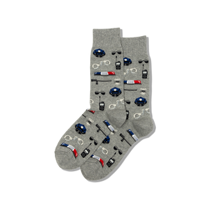 Gray socks with police-themed designs on a white background