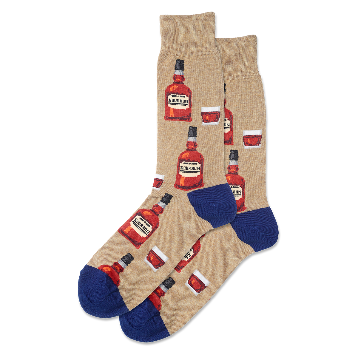 Beige socks with red bottle and blue cup design on a white background