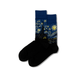 Pair of socks with a design inspired by 'The Starry Night' on a white background thumbnail