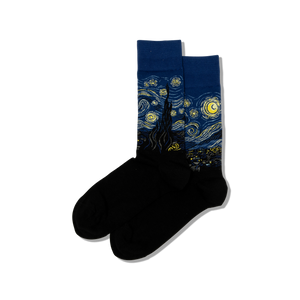 Pair of socks with a design inspired by 'The Starry Night' on a white background