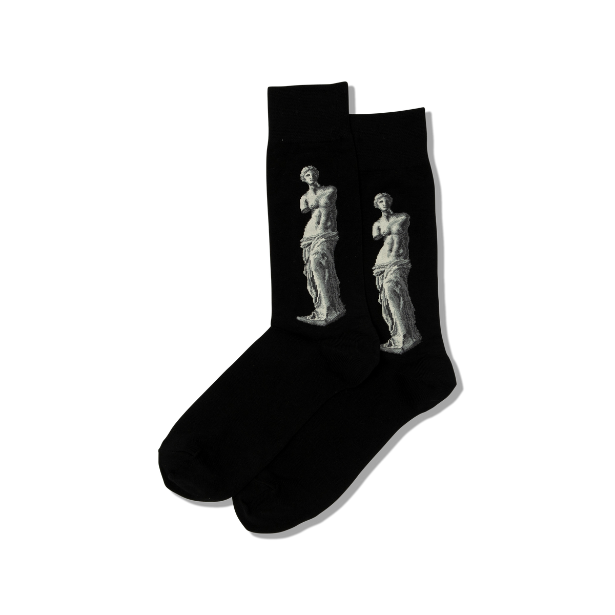Black socks with white statue design on a white background