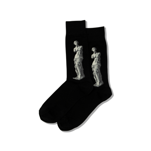 Black socks with white statue design on a white background