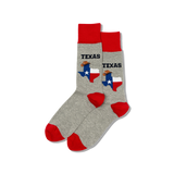 Gray socks with Texas flag design and red accents on a white background