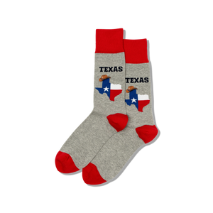Gray socks with Texas flag design and red accents on a white background
