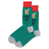 Green socks with red cuffs and gray toes, featuring a Christmas-themed design and text on a white background.