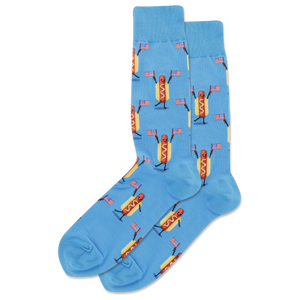 Blue socks with hot dog pattern on a white background