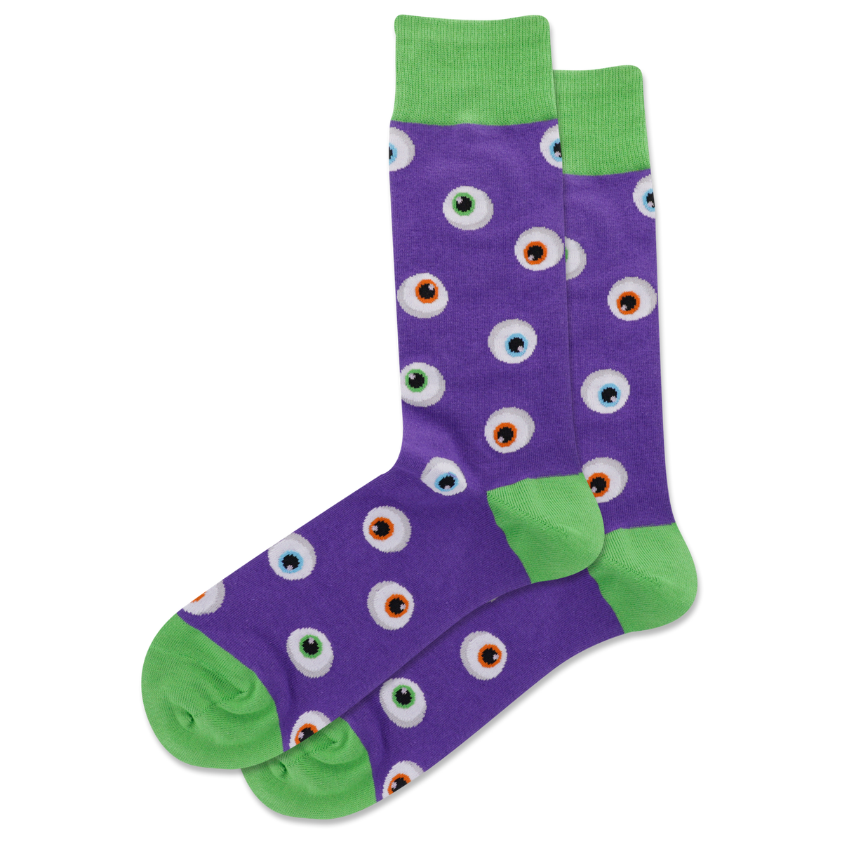 Purple socks with eye pattern and green accents on a white background