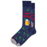 Navy blue sock with 'Happy Holidays' text and beer mug design on a white background