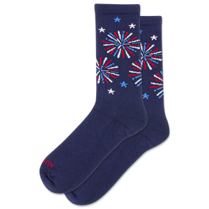 Navy socks with red, white, and blue fireworks design on a white background