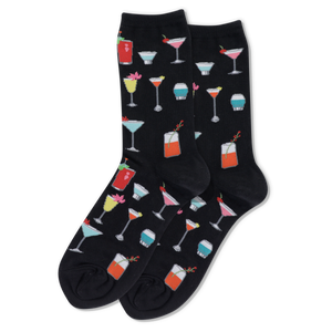 Black socks with colorful cocktail pattern on a white background