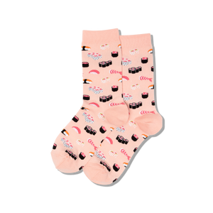Pink socks with sushi pattern on a white background