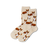 Beige socks with corgi dog pattern on a white background
