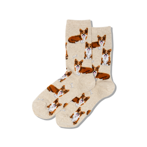 Beige socks with corgi dog pattern on a white background