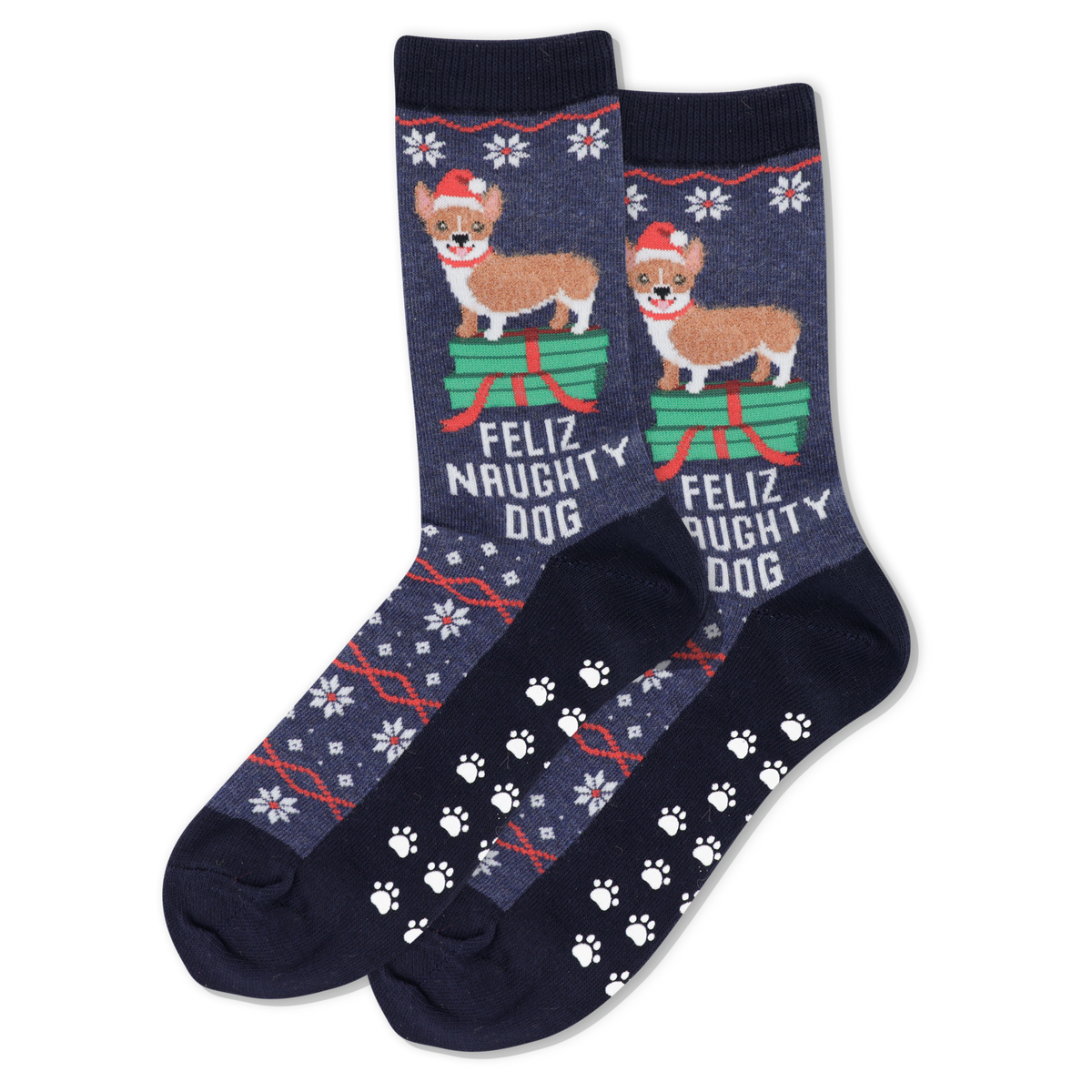 Pair of socks with festive design featuring dogs and text on a white background