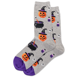 Gray socks with Halloween-themed designs on a white background thumbnail