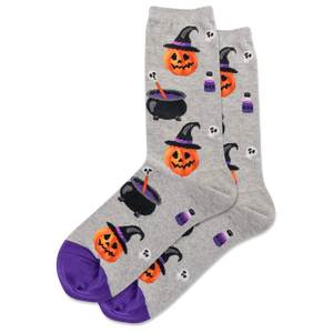 Gray socks with Halloween-themed designs on a white background