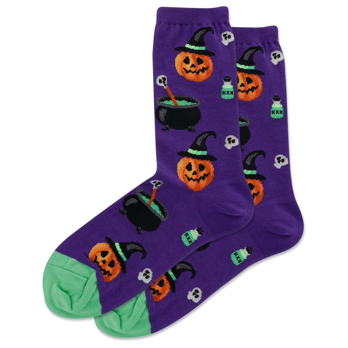 Purple Halloween-themed socks with pumpkins, cauldrons, and bottles on a white background