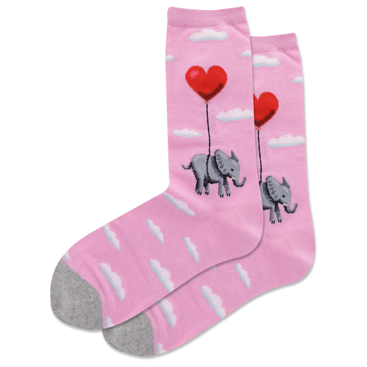 A pair of pink crew socks with a pattern of white clouds, an elephant, and a heart-shaped balloon.