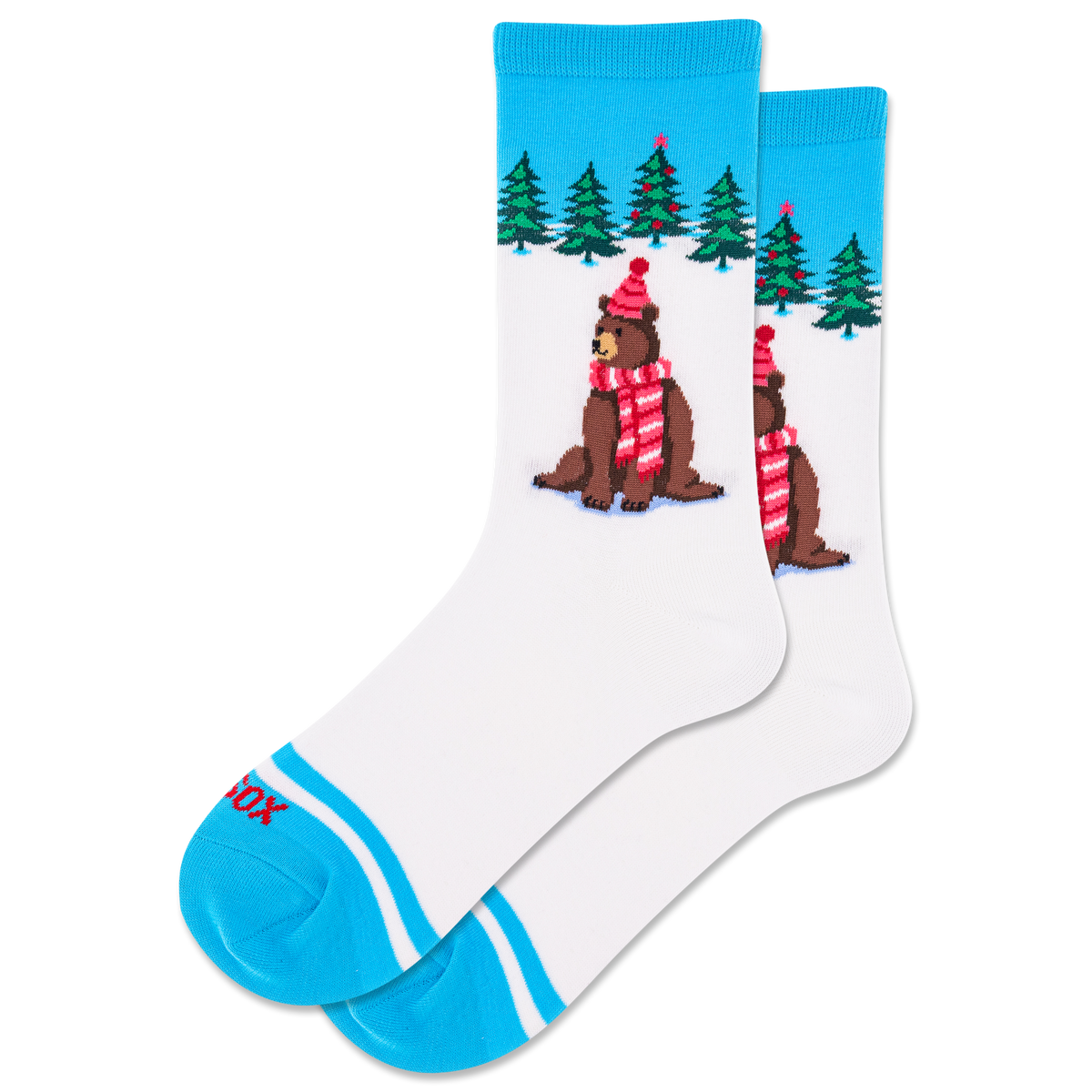 Pair of socks with bear design and blue accents on a white background