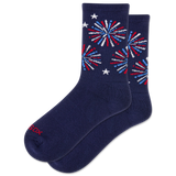 Navy socks with red, white, and blue fireworks design on a white background