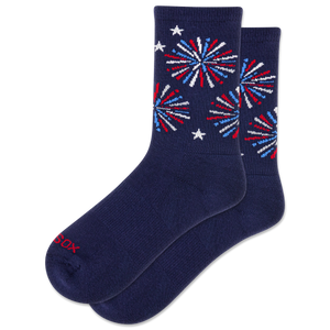 Navy socks with red, white, and blue fireworks design on a white background