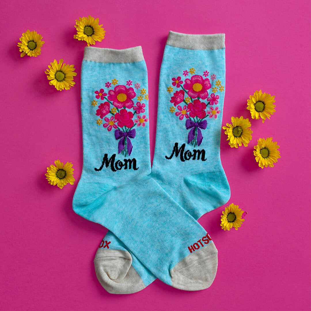 Women's novelty HOTSOX with a floral motif and the word "Mom"