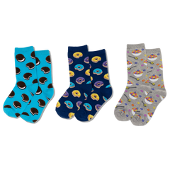 Three pairs of socks with different food patterns on a white background