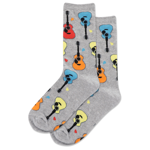 Gray socks with colorful guitar pattern on a white background