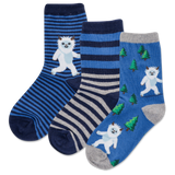 Three pairs of socks with striped and cartoon designs on a white background