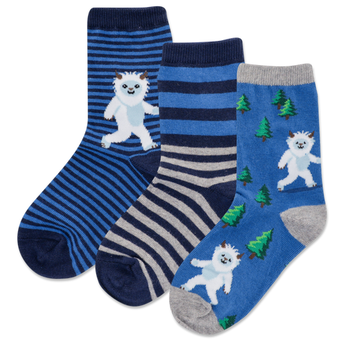 Three pairs of socks with striped and cartoon designs on a white background