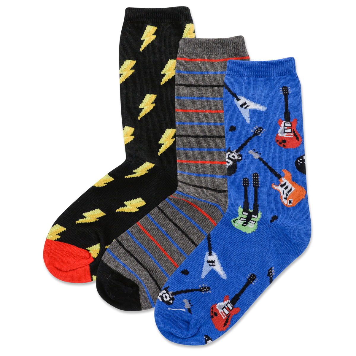 Three pairs of socks with different patterns on a white background