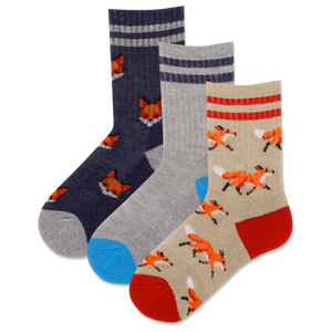 Three pairs of socks with fox patterns on a white background