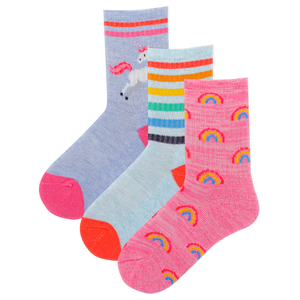 Three pairs of colorful socks with different patterns on a white background