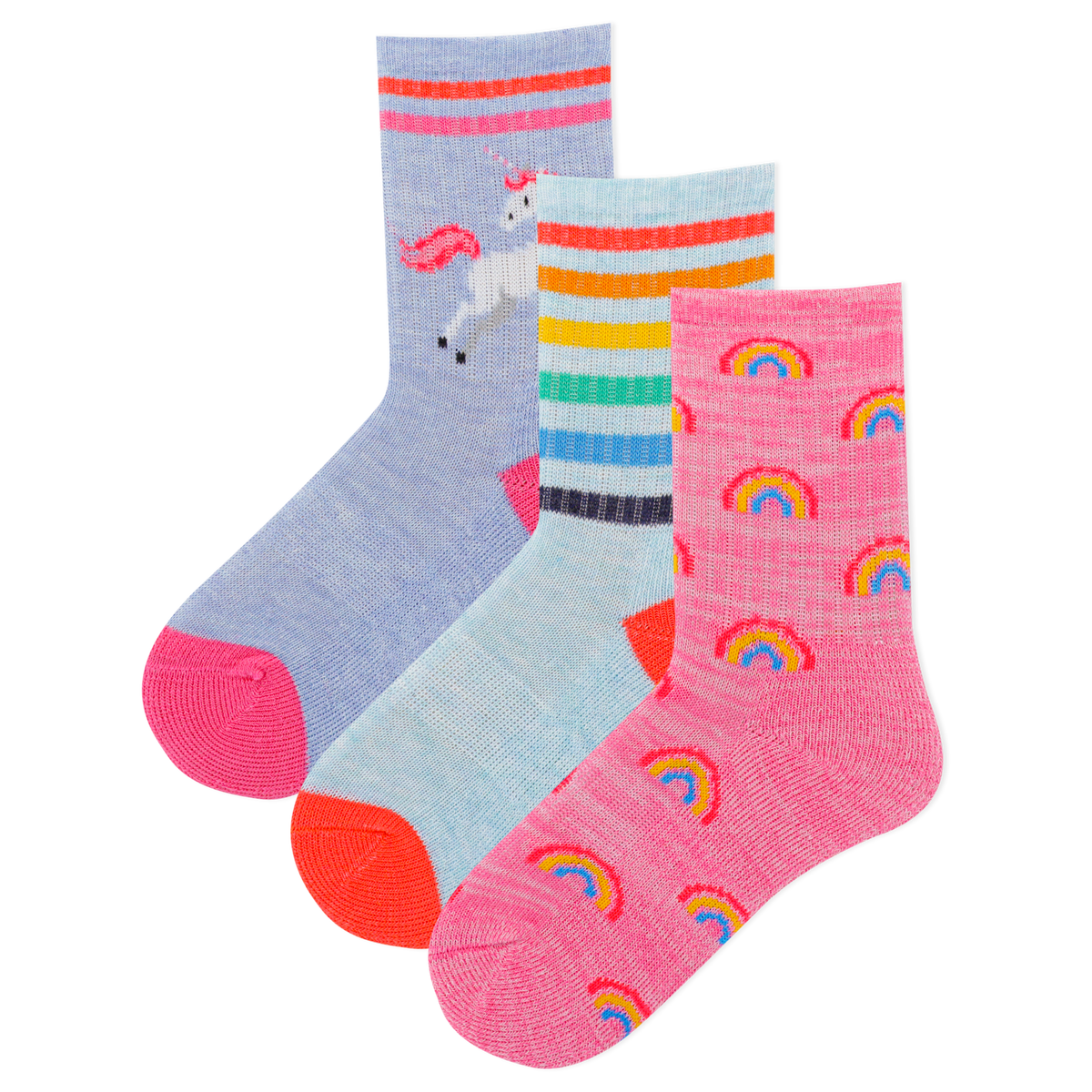 Three pairs of colorful socks with different patterns on a white background