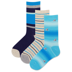 Three pairs of socks with different designs on a white background