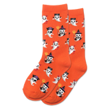 Orange socks with Halloween-themed ghost designs on a white background thumbnail
